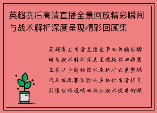 英超赛后高清直播全景回放精彩瞬间与战术解析深度呈现精彩回顾集